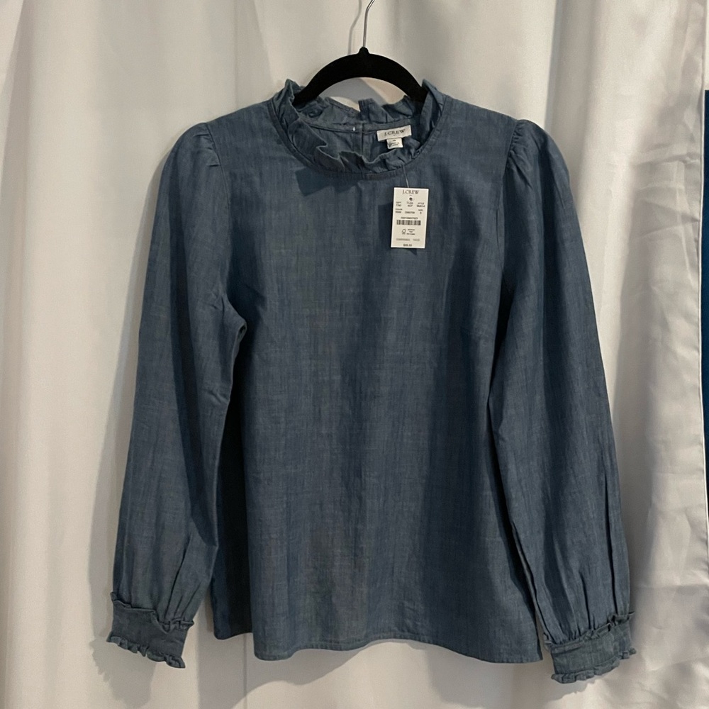 NWT J.Crew lightweight denim, ruffle collar, puff sleeve, size S